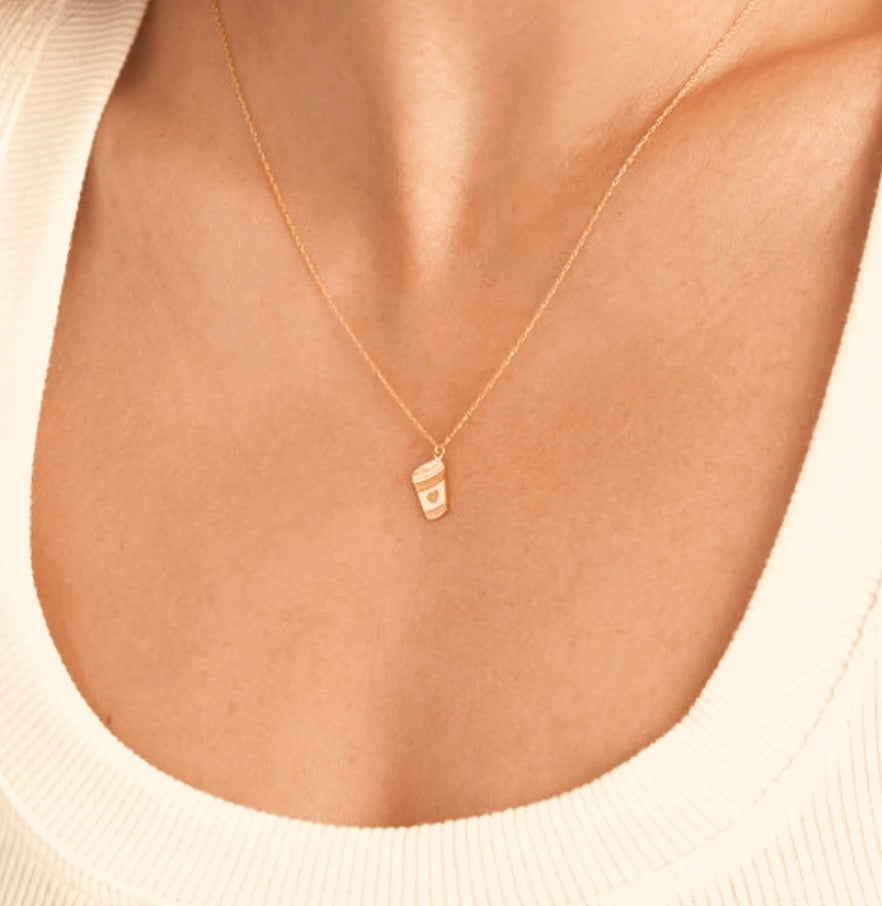 14k Gold Coffee Lover Charm Necklace