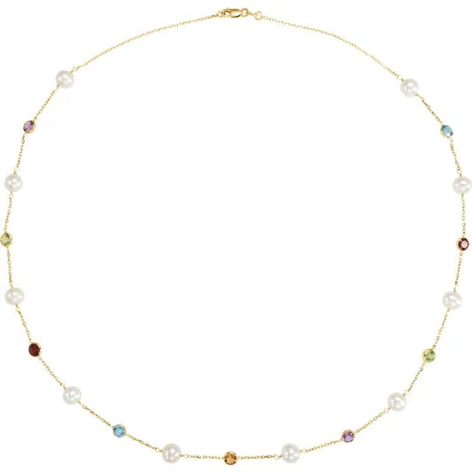 14K Gold Freshwater Pearl & Multi-Gemstone Necklace