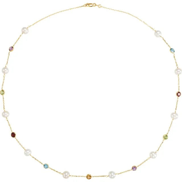 14K Gold Freshwater Pearl & Multi-Gemstone Necklace