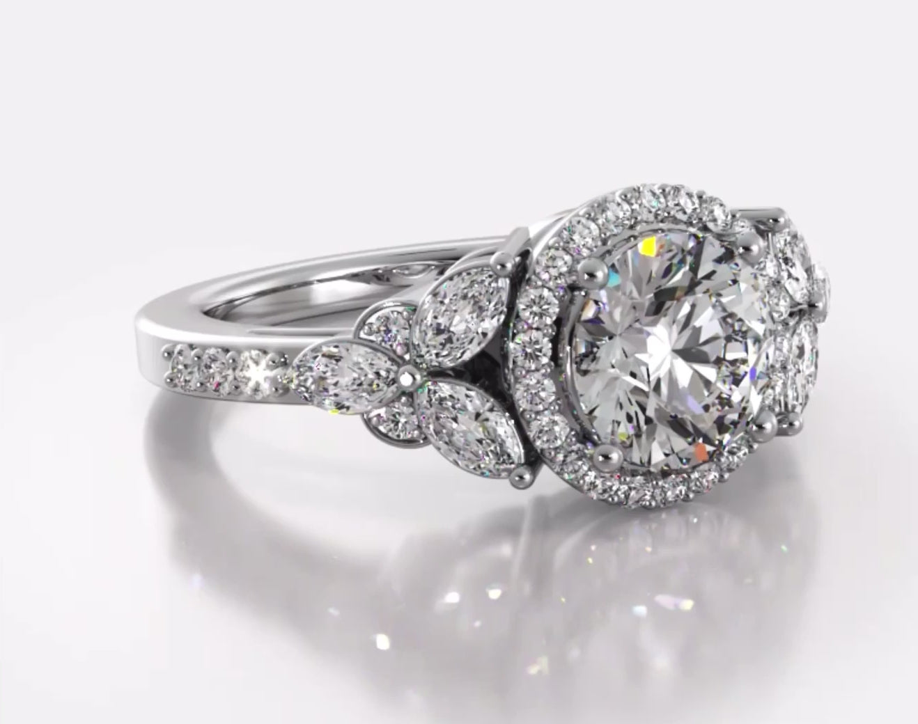 Halo Flower Engagement Ring With Round And Marquise Diamonds